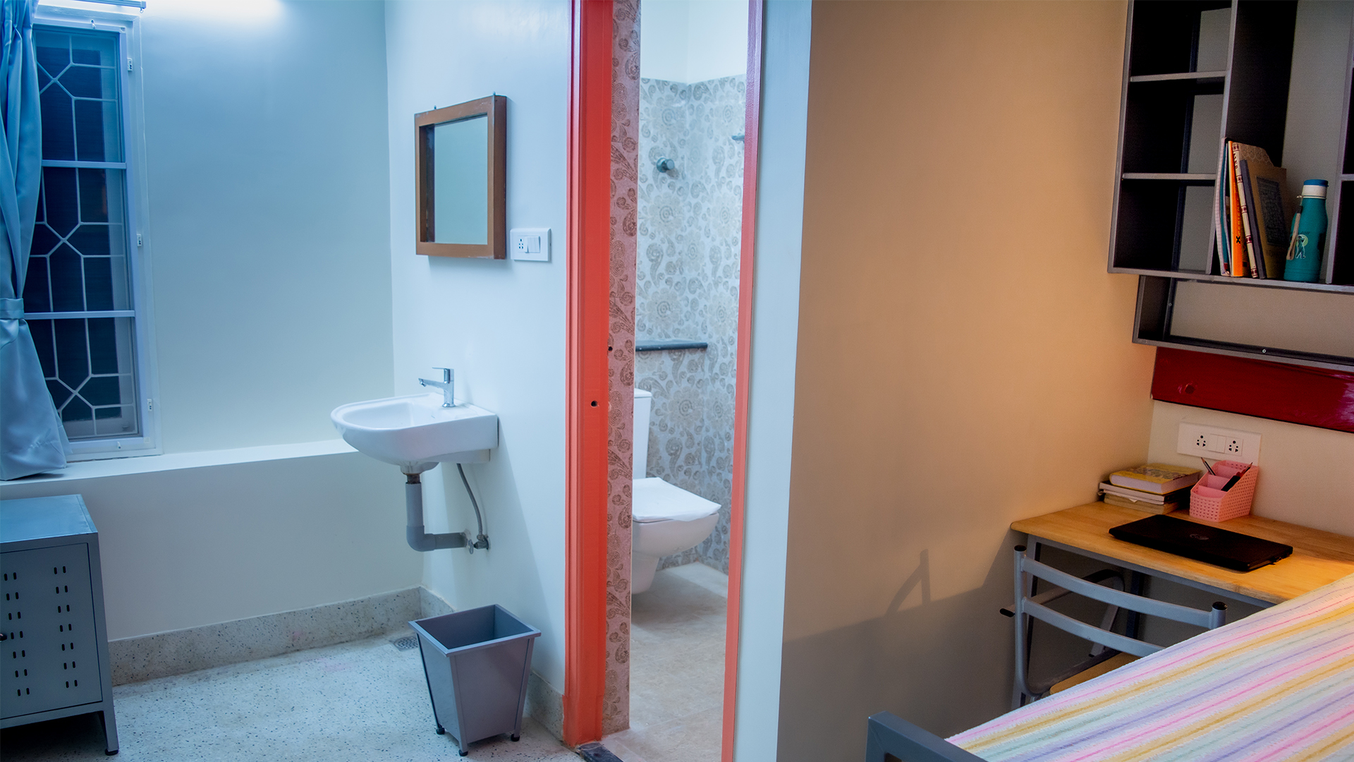 Twin Share Premium Room View of attached Bathroom at Rani Meyyammai Hostel Chennai